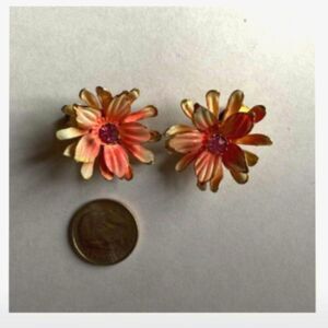 Austrian Pink Enamel Rhinestone Flower Gold Tone Clip On Earrings
